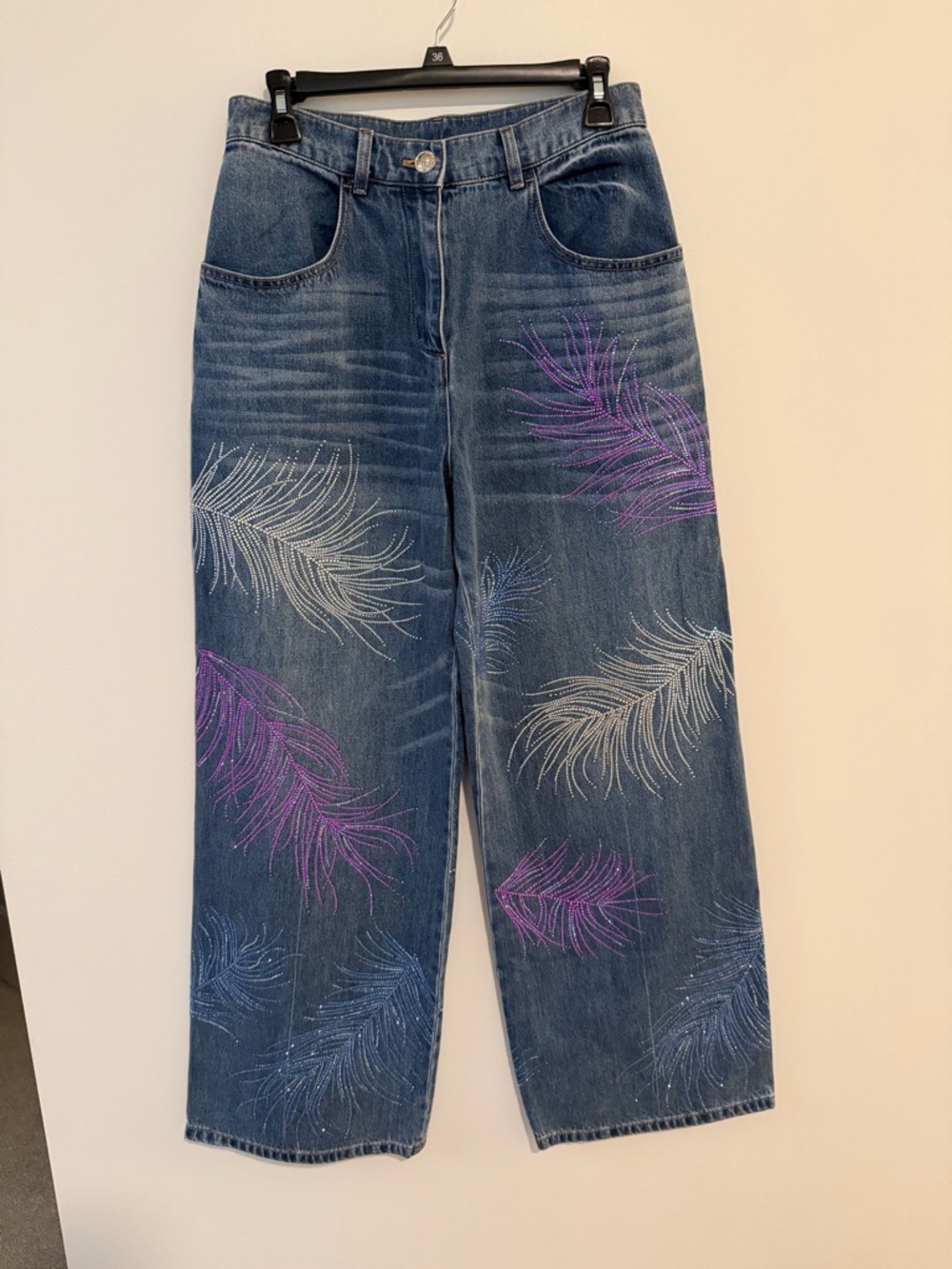 *NWOT* Boutique Crystal Embellished Feather Wide Leg High Waist Jeans